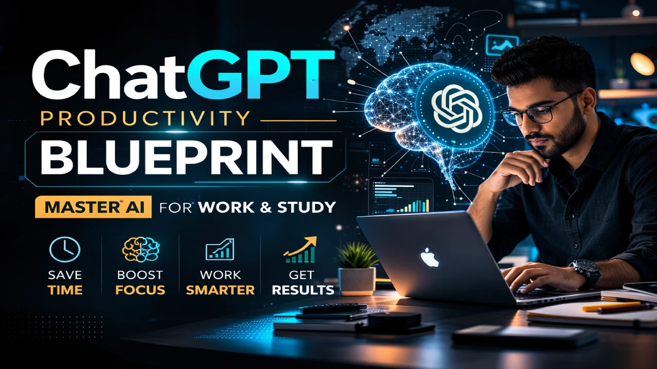 ChatGPT productivity course thumbnail showing a chat interface
